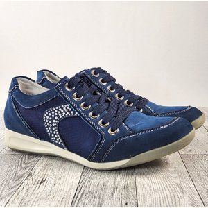 MYSTIKARMA Womens Casual Shoes Size 5-5.5 (36) Blue Leather/Canvas w/Rhinestones